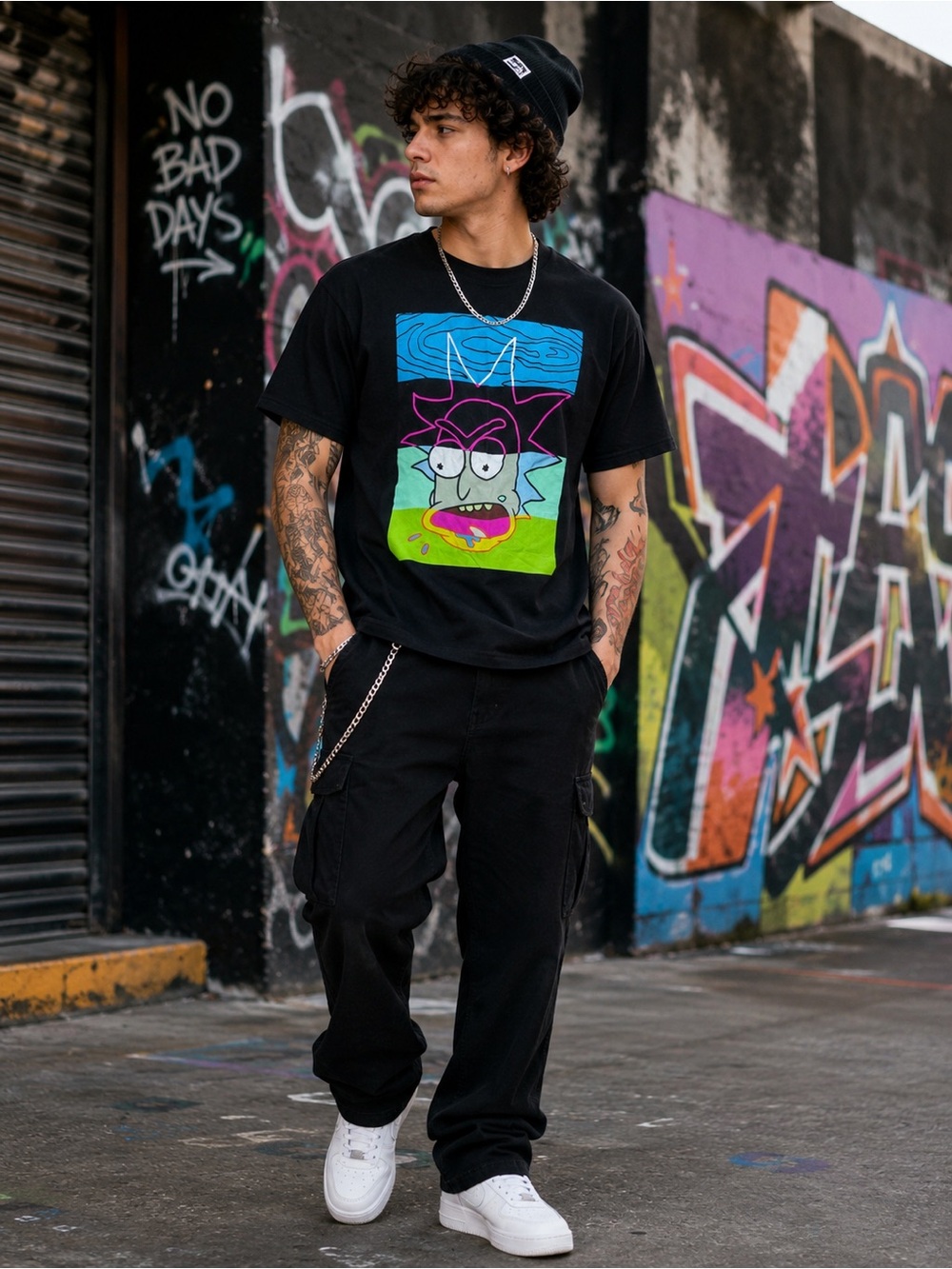 Rick and Morty Adult Swim Neon Rick Graphic T-Shirt Black Size Large